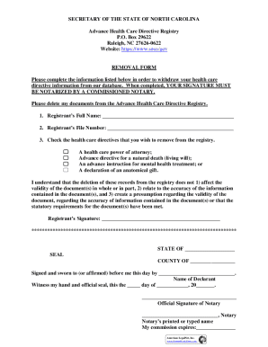North Carolina Advance Health Care Directive Removal Form