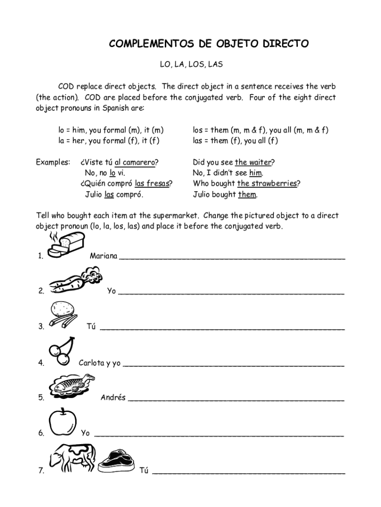 Spanish Direct Object Pronouns Worksheet - Blank Fillable Template ...