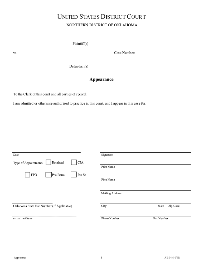 US District Court Appearance Form - Blank Fillable Template | Fill Out ...