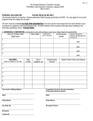 Housing Authority Personal Declaration Form