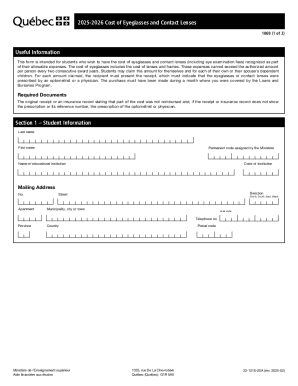 2025-2026 Cost of Eyeglasses and Contact Lenses Form