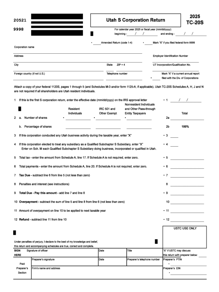 TC-20S, Utah S Corporation Tax Preview on Page 1