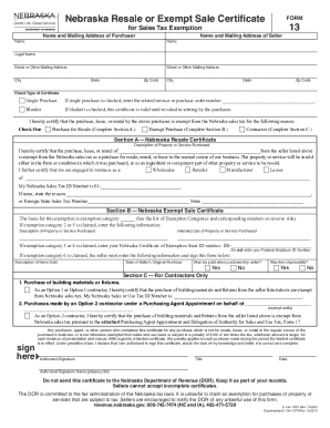 Nebraska Resale or Exempt Sale Certificate