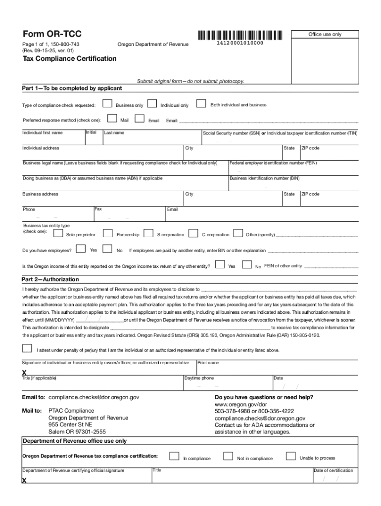 Form OR-TCC - Tax Compliance Certification, 150-800-743 Preview on Page 1