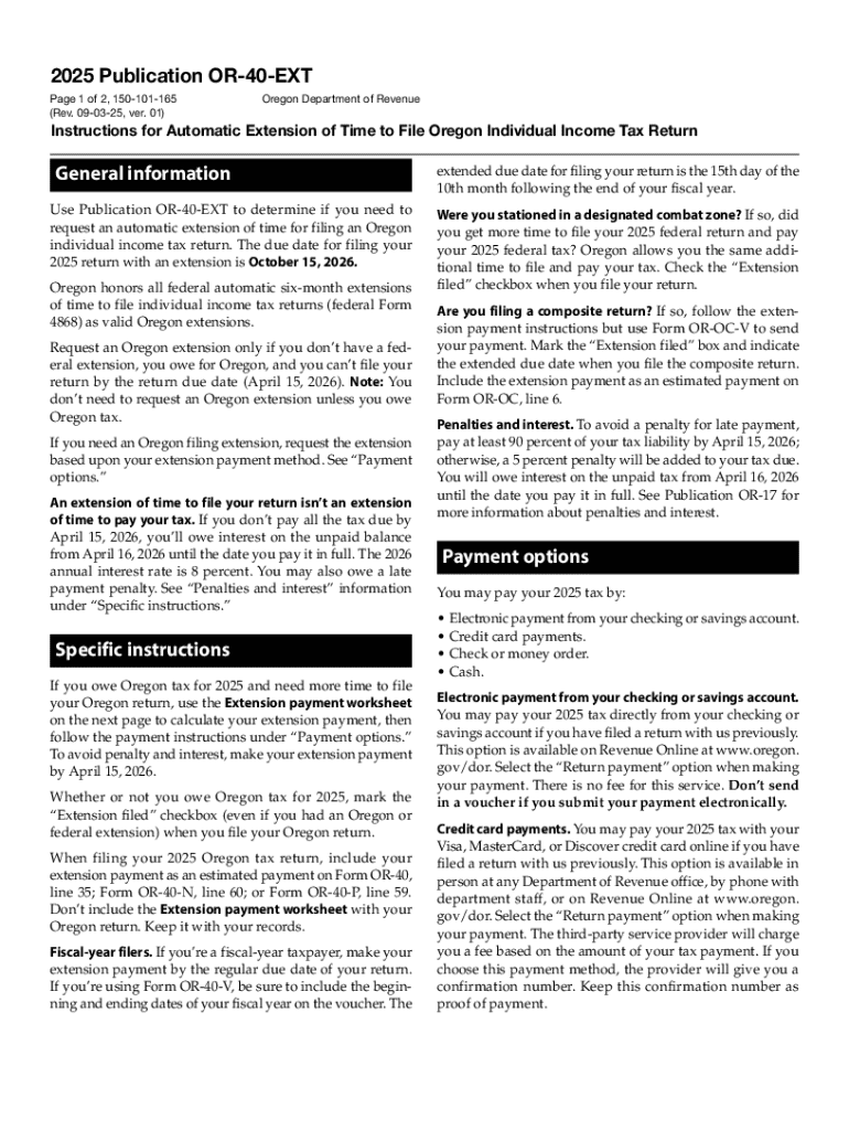 Oregon Personal Tax ExtensionOR Form OR-40-EXT Preview on Page 1