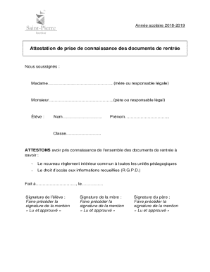 Attestation de Prise de Connaissance des Documents de Rentrée