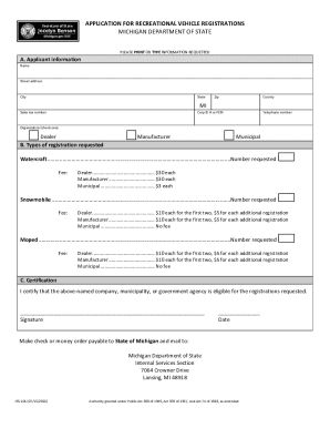 Michigan Recreational Vehicle Registration Application