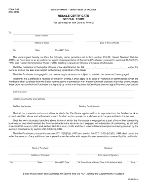 Hawaii Resale Certificate Form G-19