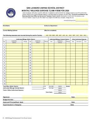 San Leandro USD Mileage Expense Claim Form