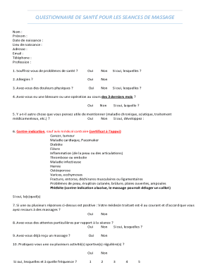 Health Questionnaire for Massage Sessions
