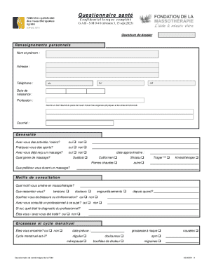 Health Questionnaire for Massage Therapy