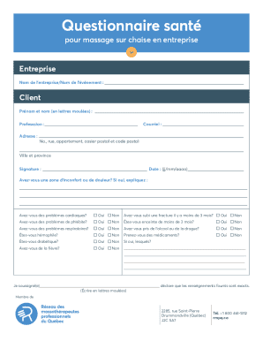 Health Questionnaire for Chair Massage in the Workplace