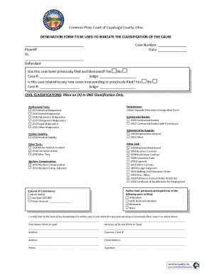 Cuyahoga County Civil Case Designation Form