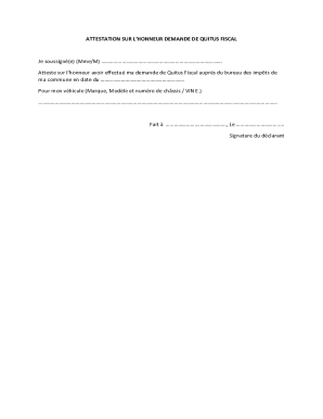 Attestation sur l'honneur de demande de quitus fiscal
