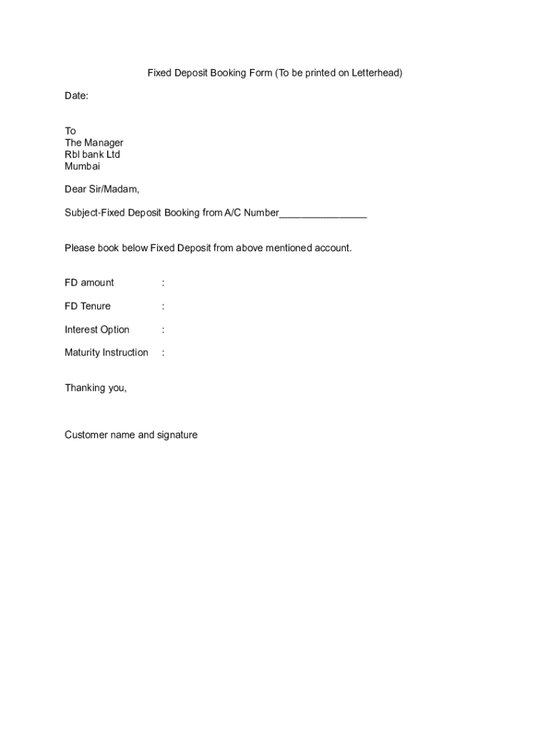 Fixed Deposit Booking Form - Blank Fillable Template | Fill Out, Print ...