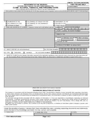 TTB Claim Form for Alcohol, Tobacco, and Firearms Taxes