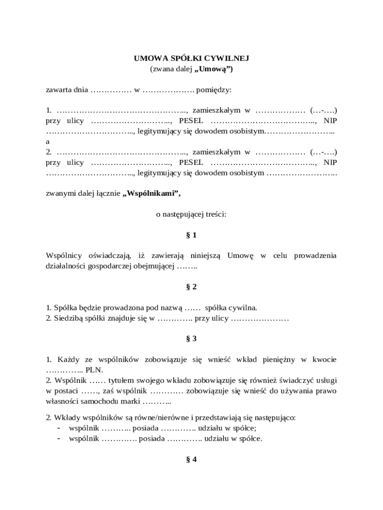 Polish Contract Example Polish Civil Partnership Agreement - Blank Fillable Template | Fill Out ...