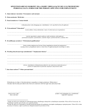 Personal Data Form for Employment Application