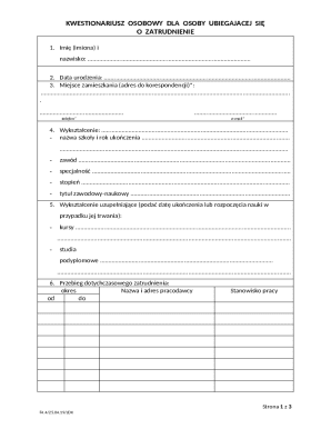 Personal Questionnaire for Employment Application