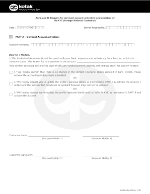 Kotak Mahindra Bank Dormant Account Activation and Re-KYC Form