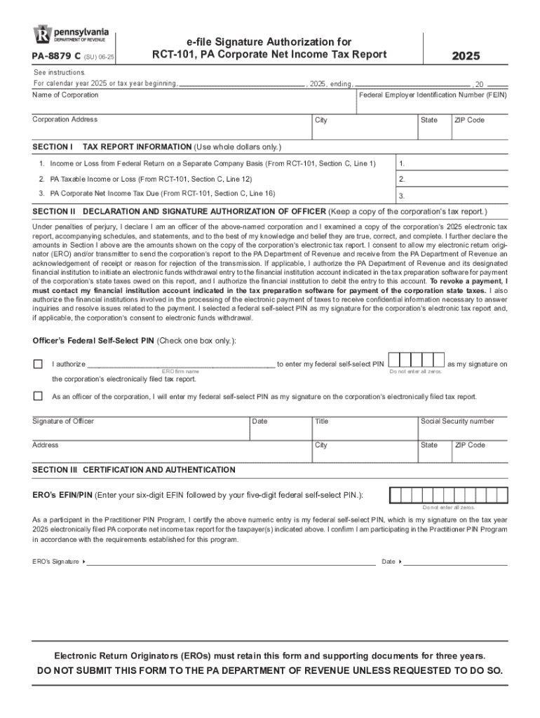 PA-8879 C e-file Signature Authorization for PA Corporate Net Income Tax Report 2025 Preview on Page 1