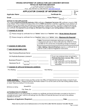 Virginia Pesticide Applicator Change of Information Form