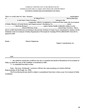 Government of India OBC Certificate Form