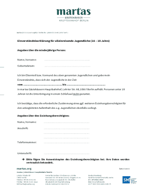 Einverständniserklärung für alleinreisende Jugendliche