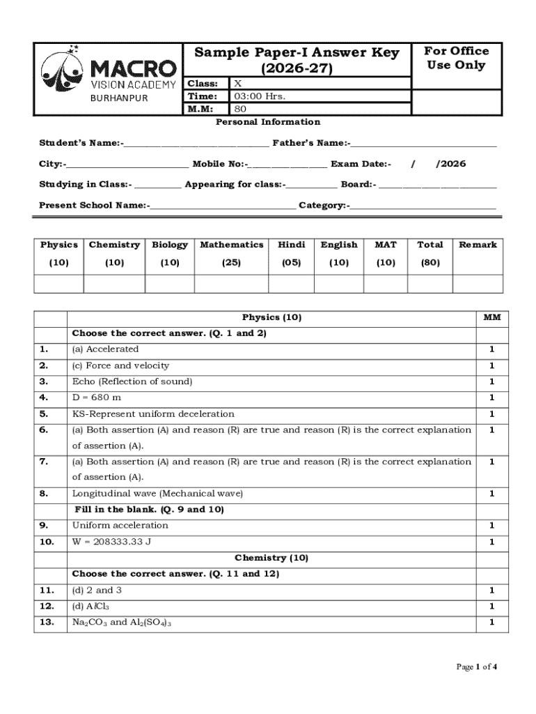 Sample Paper-I Answer Key For Office - Blank Fillable Template | Fill ...