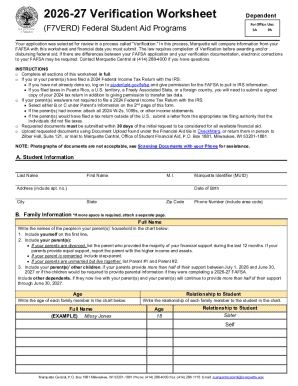 2026-27 Verification Worksheet Dependent