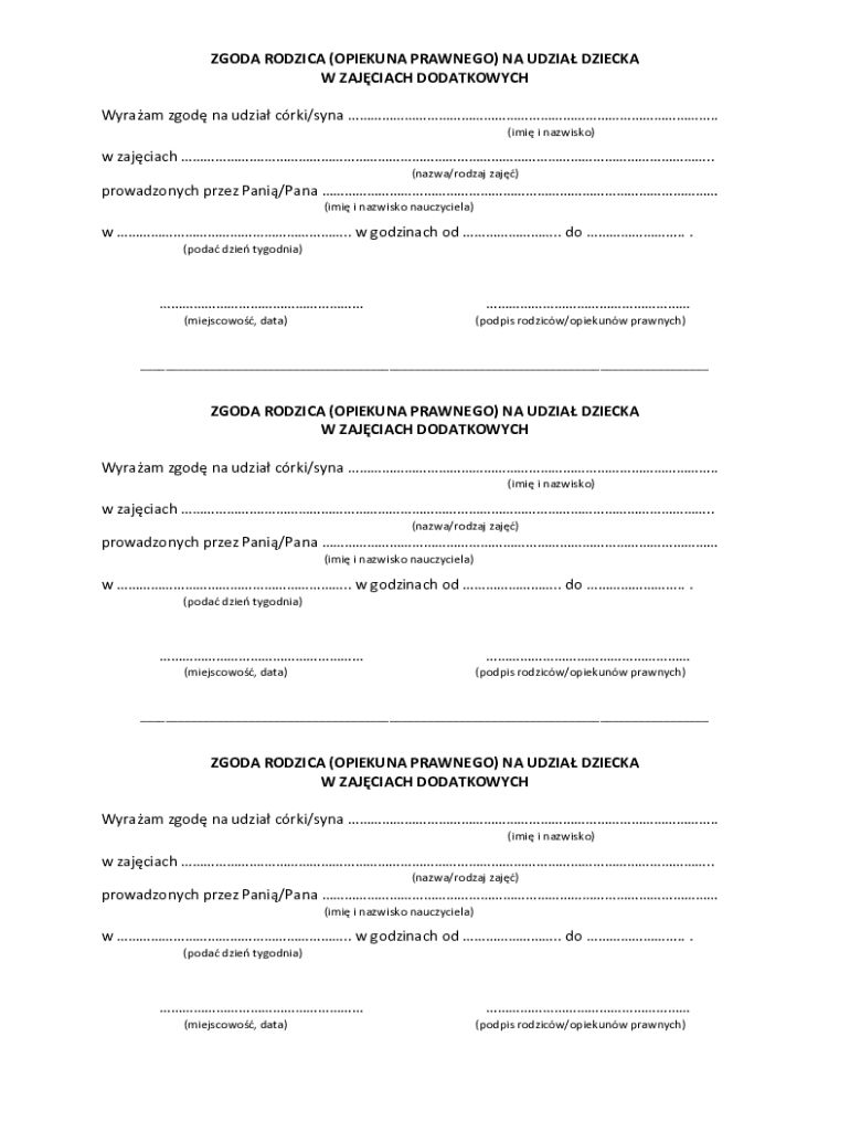 Parent Consent Form for Child's Participation in Additional Classes ...