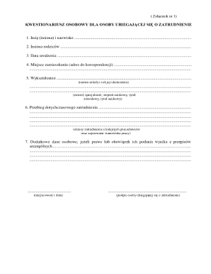 Personal Questionnaire for Employment Application