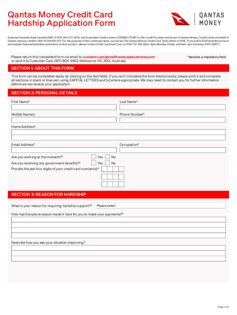 Qantas Money Credit Card Hardship Application Form - Blank Fillable ...