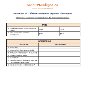 Formulaire T2125/TP80: Revenus et Dépenses d’Entreprise