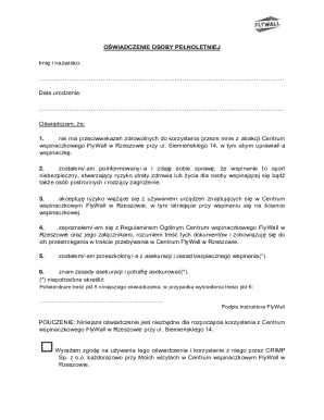 Adult Consent Form for FlyWall Climbing Center