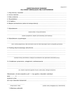 Personal Questionnaire for Employment Application