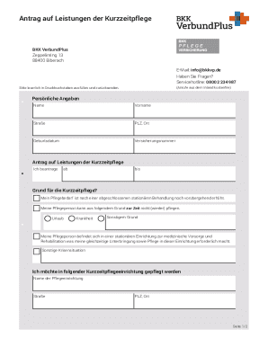 Kurzzeitpflege Application Form