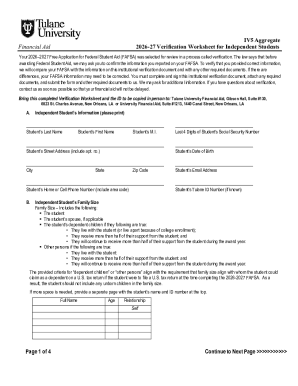 2026-27 Verification Worksheet for Independent Students