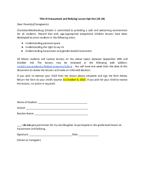 Title IX Harassment and Bullying Lesson Opt Out