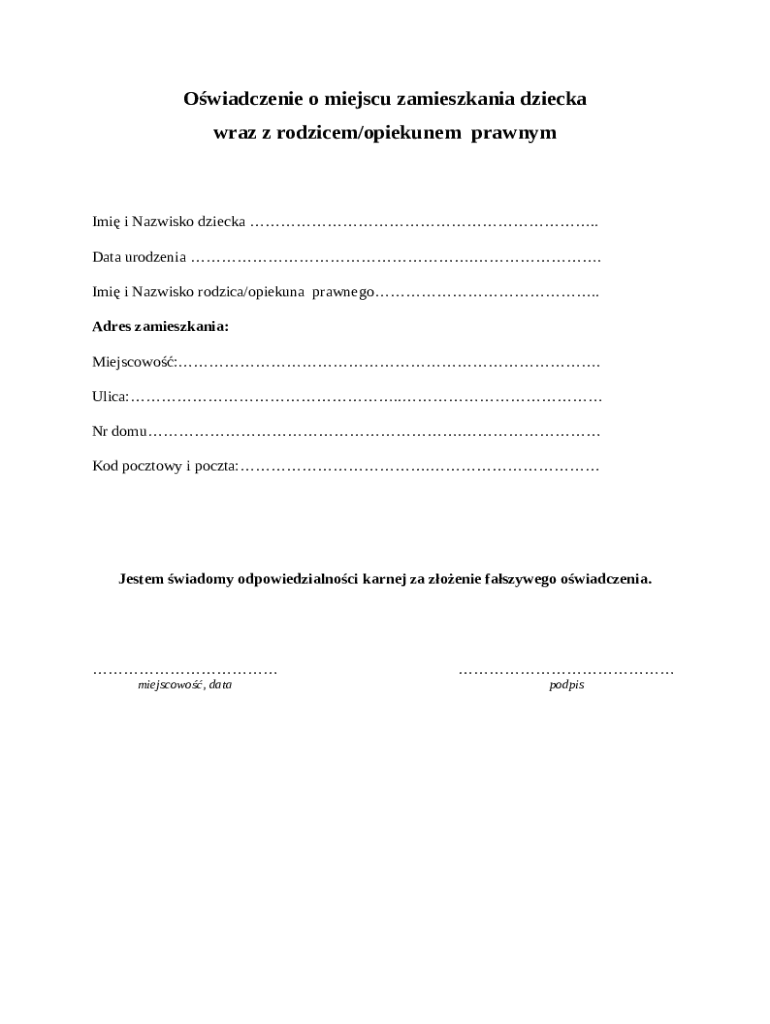 Children Declaration Form Child Residence Declaration with Parent or Legal Guardian - Blank ...