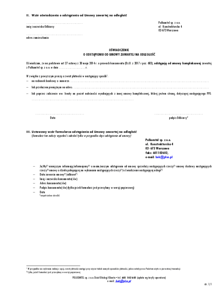 Poland Distance Contract Withdrawal Form - Blank Fillable Template ...