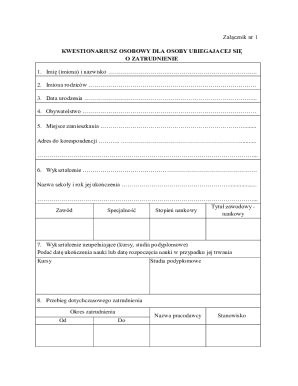 Personal Questionnaire for Employment Application
