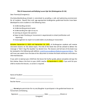 Title IX Harassment and Bullying Lesson Opt Out