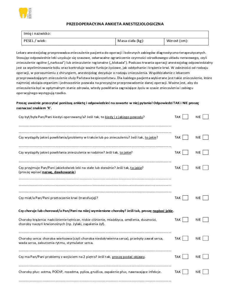 Anesthesiology Preoperative Questionnaire - Blank Fillable Template ...
