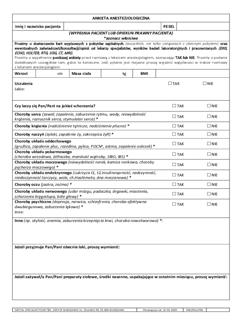 Anesthesiology Questionnaire and Consent Form - Blank Fillable Template ...