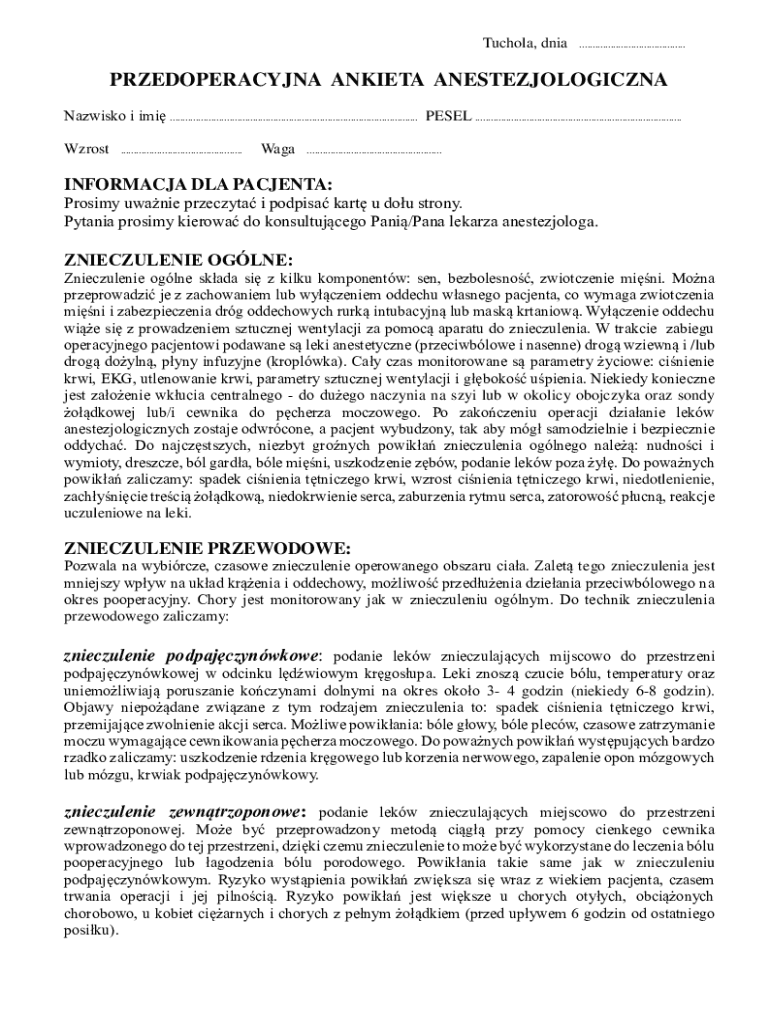 Preoperative Anesthesia Questionnaire - Blank Fillable Template | Fill ...