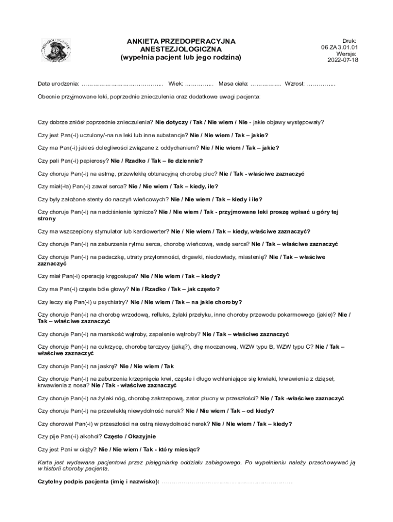 Preoperative Anesthesiology Form - Blank Fillable Template | Fill Out ...