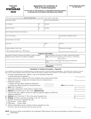 2026 Maryland Form MW506AE Application for Certificate of Full or Partial Exemption For the sale of 