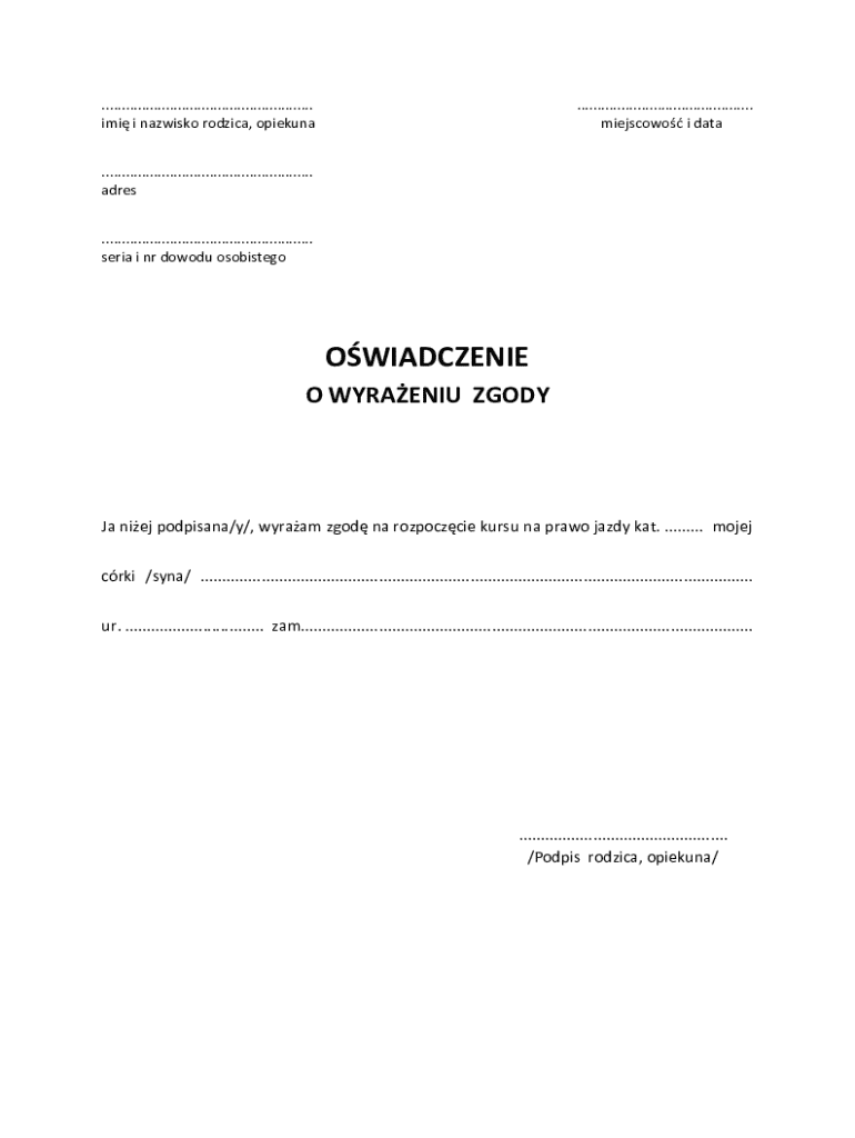 Parental Consent for Driving License Course - Blank Fillable Template ...