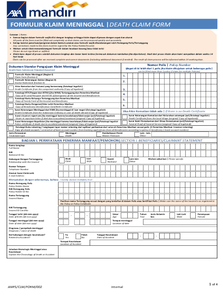 Death Claim Form - Blank Fillable Template | Fill Out, Print & Download ...